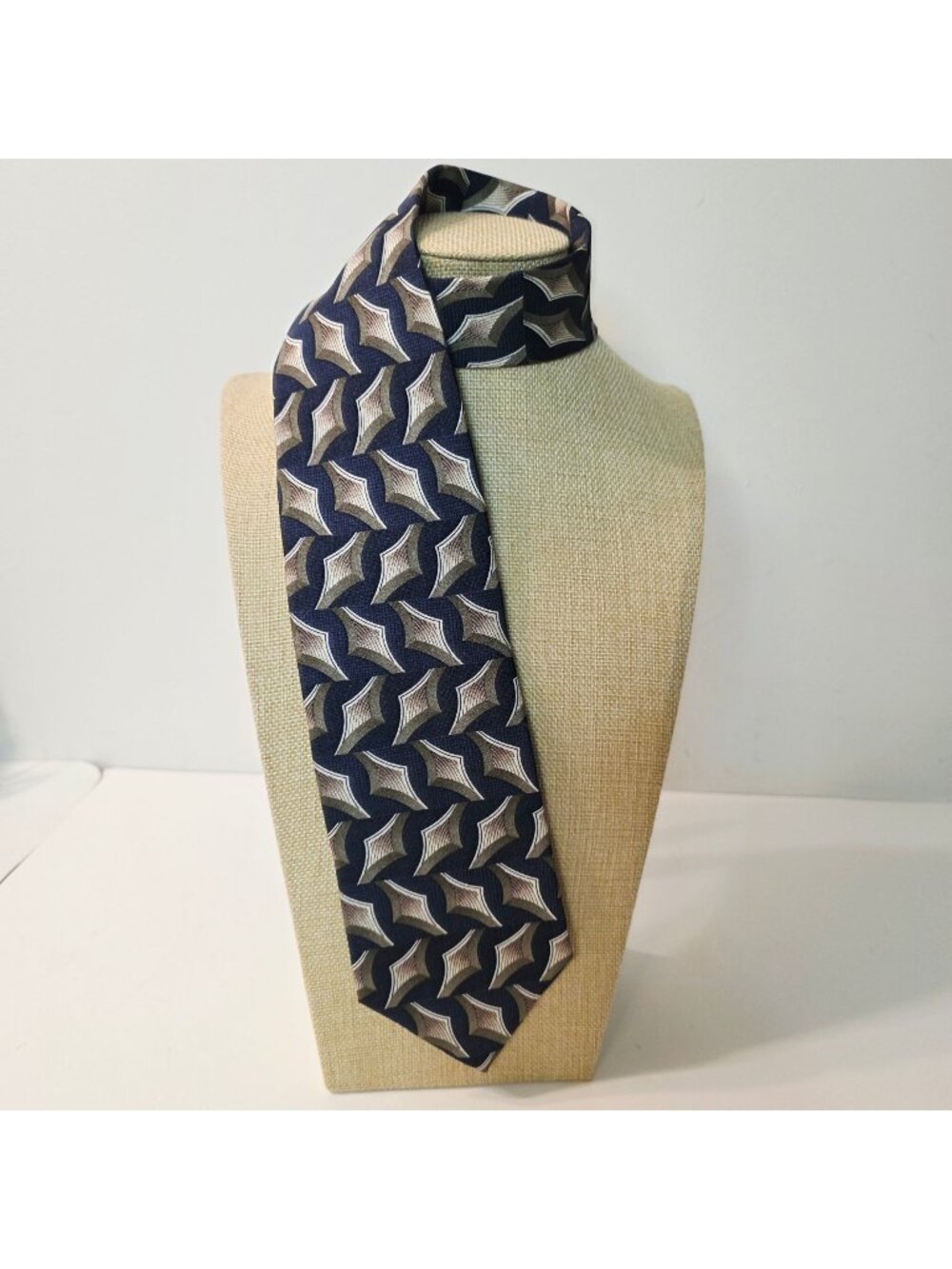 Vtg Geometric Medallion Ruffini Italy Silk Neck Tie Blue Art Deco Classic READ